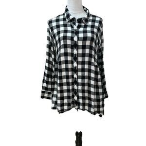 Buffalo Plaid Black White Button Down Long Sleeve Shirt Dress‎